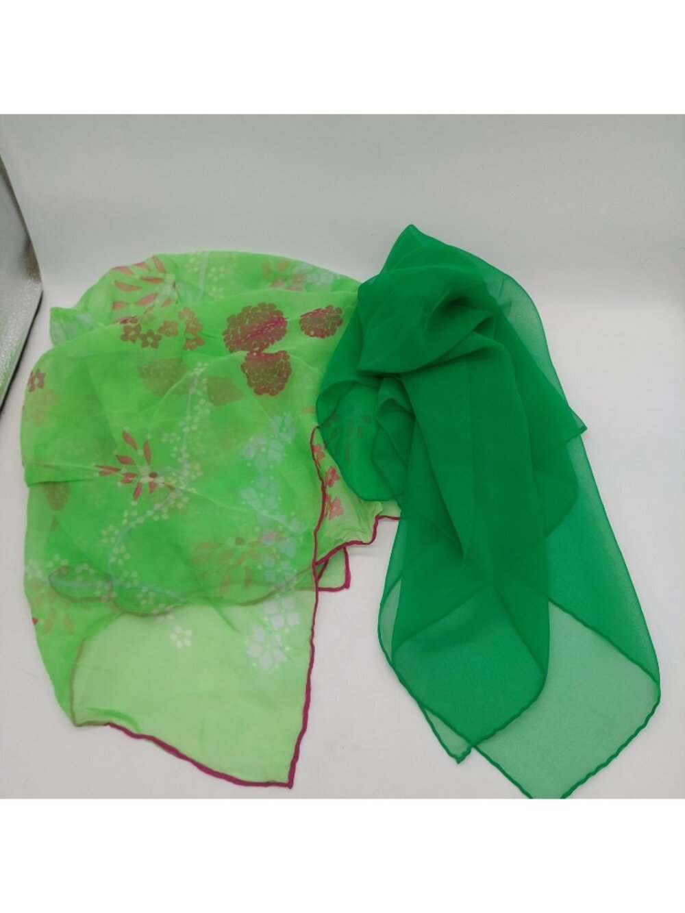 Green Scarf Semi Sheer Square & Green Floral Scarf 26" Set Of 2 READ